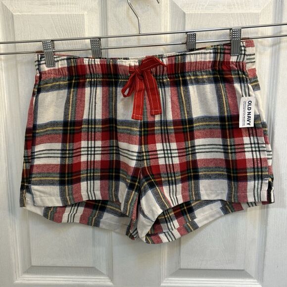 NWT Old Navy Women’s M Cotton Pajama Boxer Shorts Red Black Plaid Flannel Sleep - Picture 1 of 16
